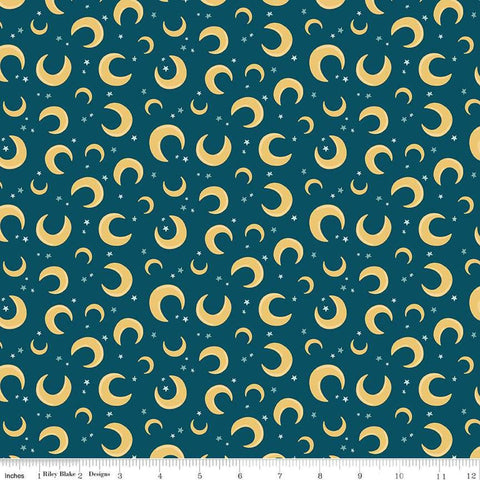 Image of the Baby Boy Moons Oxford quilting cotton fabric by Lori Whitlock for Riley Blake Designs. Features moons on a blue background. Cute Little Fabric Shop