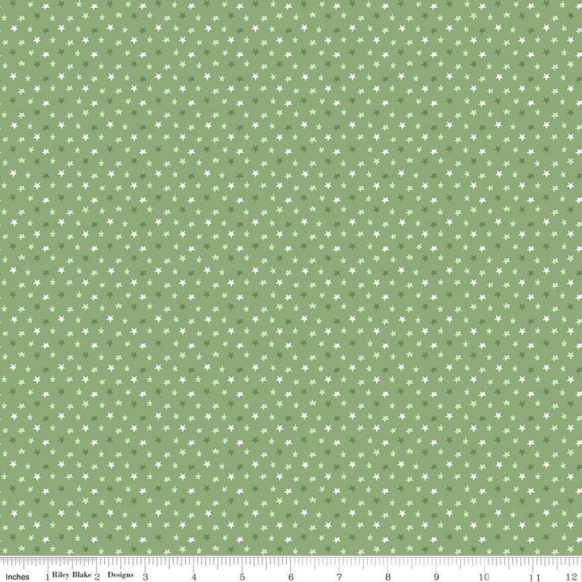 Image of the Baby Boy Stars Basil quilting cotton fabric by Lori Whitlock for Riley Blake Designs. Features stars on a green background. Cute Little Fabric Shop