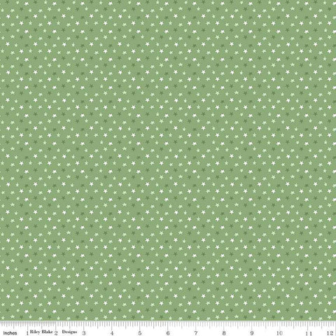 Image of the Baby Boy Stars Basil quilting cotton fabric by Lori Whitlock for Riley Blake Designs. Features stars on a green background. Cute Little Fabric Shop