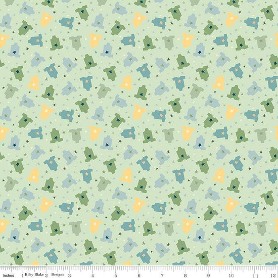 Image of the Baby Boy Onesies Green quilting cotton fabric by Lori Whitlock for Riley Blake Designs. Features onesies on a green background. Cute Little Fabric Shop