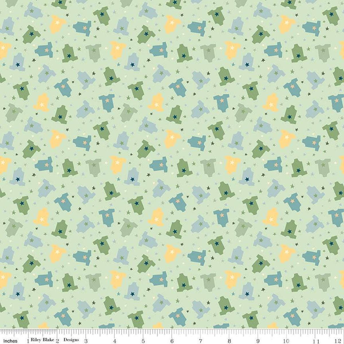 Image of the Baby Boy Onesies Green quilting cotton fabric by Lori Whitlock for Riley Blake Designs. Features onesies on a green background. Cute Little Fabric Shop