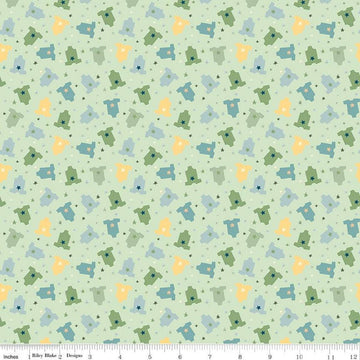 Image of the Baby Boy Onesies Green quilting cotton fabric by Lori Whitlock for Riley Blake Designs. Features onesies on a green background. Cute Little Fabric Shop