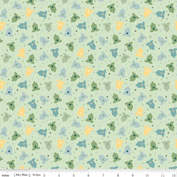 Image of the Baby Boy Onesies Green quilting cotton fabric by Lori Whitlock for Riley Blake Designs. Features onesies on a green background. Cute Little Fabric Shop