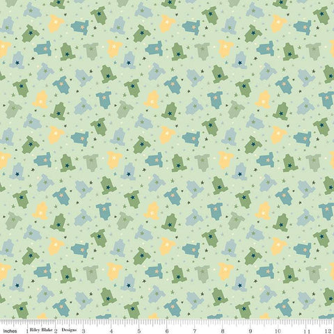 Image of the Baby Boy Onesies Green quilting cotton fabric by Lori Whitlock for Riley Blake Designs. Features onesies on a green background. Cute Little Fabric Shop