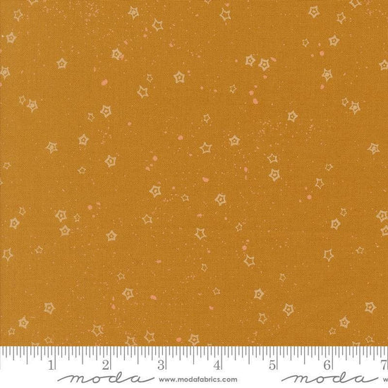 Images of Foraged Found Stardust Caramel quilting cotton fabric by Fancy That Design House for Moda Fabrics. Features starts on an orange background. Cute Little Fabric Shop