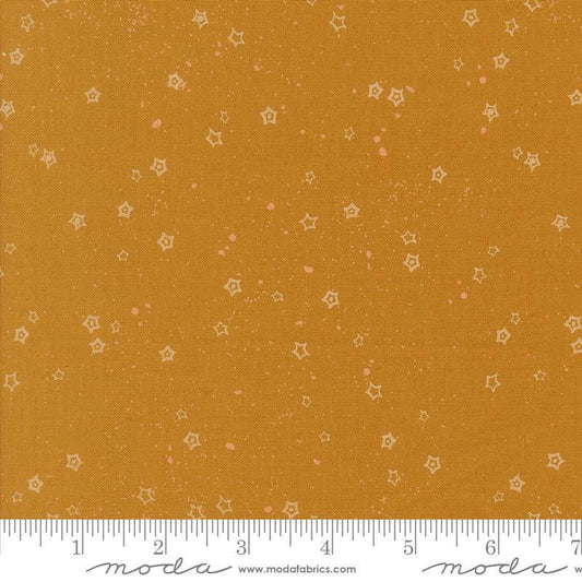 Images of Foraged Found Stardust Caramel quilting cotton fabric by Fancy That Design House for Moda Fabrics. Features starts on an orange background. Cute Little Fabric Shop