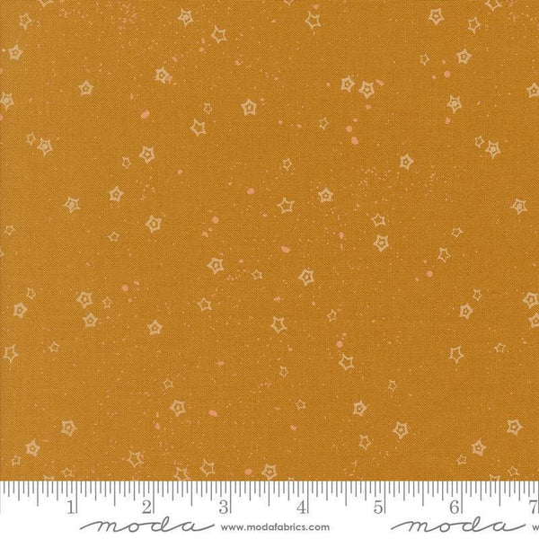 Images of Foraged Found Stardust Caramel quilting cotton fabric by Fancy That Design House for Moda Fabrics. Features starts on an orange background. Cute Little Fabric Shop