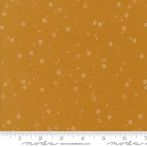 Images of Foraged Found Stardust Caramel quilting cotton fabric by Fancy That Design House for Moda Fabrics. Features starts on an orange background. Cute Little Fabric Shop