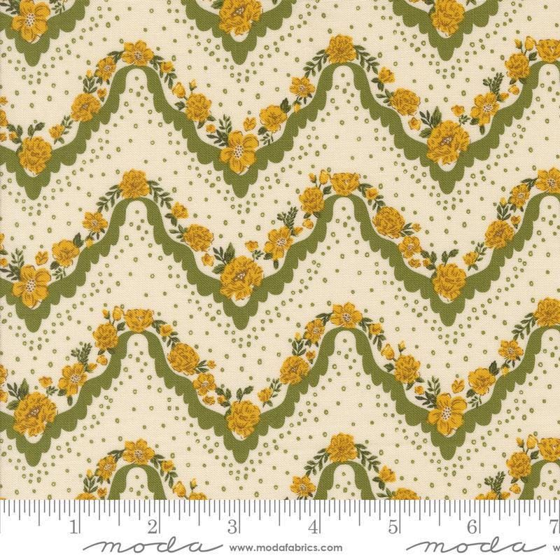 Images of Foraged Found Stripes Fern quilting cotton fabric by Fancy That Design House for Moda Fabrics. Features chevron on a green background. Cute Little Fabric Shop