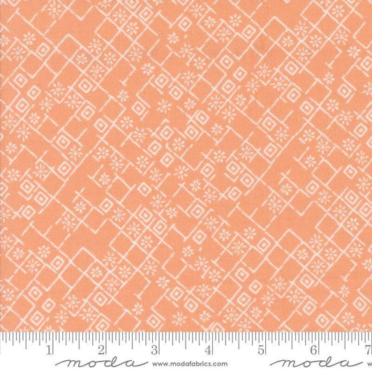Images of Foraged Found Fractured Peach quilting cotton fabric by Fancy That Design House for Moda Fabrics. Features squares on an orange background. Cute Little Fabric Shop