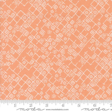 Images of Foraged Found Fractured Peach quilting cotton fabric by Fancy That Design House for Moda Fabrics. Features squares on an orange background. Cute Little Fabric Shop