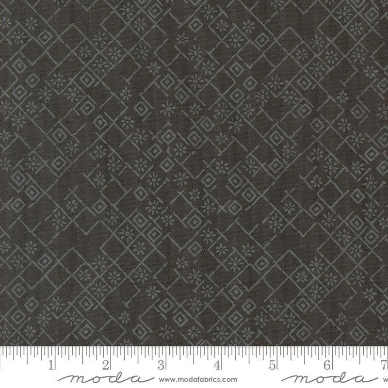 Images of Foraged Found Fractured Iron quilting cotton fabric by Fancy That Design House for Moda Fabrics. Features squares on a gray background. Cute Little Fabric Shop