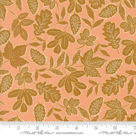 Images of Foraged Found Leafage Peach quilting cotton fabric by Fancy That Design House for Moda Fabrics. Features leaves on an orange background. Cute Little Fabric Shop