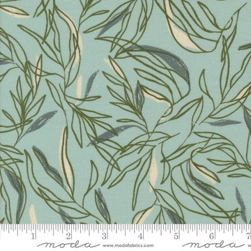 Images of Foraged Found Leaf Mist quilting cotton fabric by Fancy That Design House for Moda Fabrics. Features leaves on a green background. Cute Little Fabric Shop