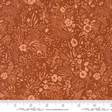 Images of Foraged Found Field Spice quilting cotton fabric by Fancy That Design House for Moda Fabrics. Features leaves on a red background. Cute Little Fabric Shop
