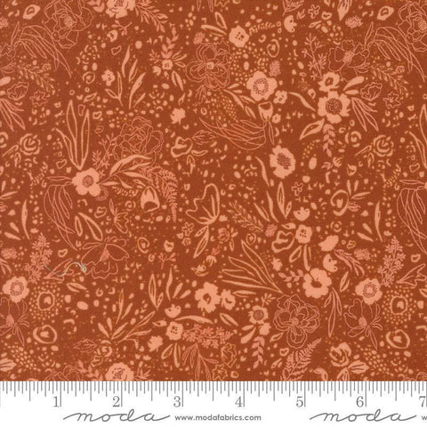 Images of Foraged Found Field Spice quilting cotton fabric by Fancy That Design House for Moda Fabrics. Features leaves on a red background. Cute Little Fabric Shop