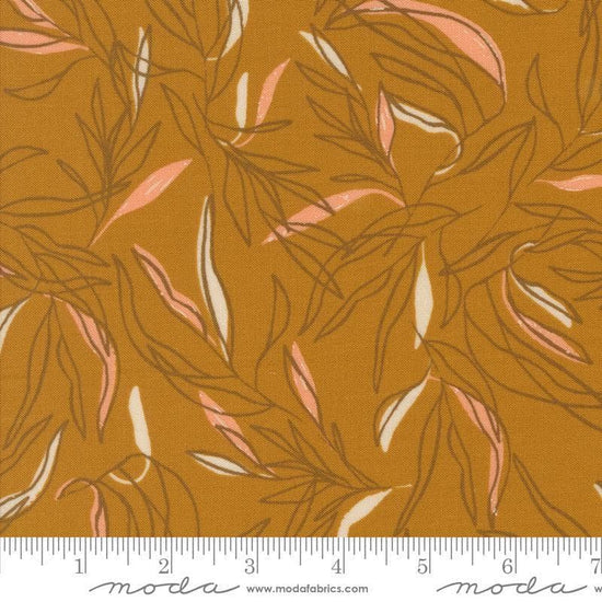 Images of Foraged Found Leaf Caramel quilting cotton fabric by Fancy That Design House for Moda Fabrics. Features leaves on an orange background. Cute Little Fabric Shop