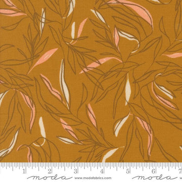 Images of Foraged Found Leaf Caramel quilting cotton fabric by Fancy That Design House for Moda Fabrics. Features leaves on an orange background. Cute Little Fabric Shop