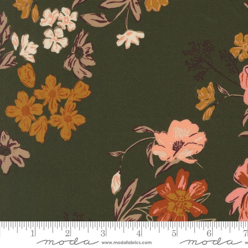 Images of Foraged Found Bloom Pine quilting cotton fabric by Fancy That Design House for Moda Fabrics. Features flowers on a green background. Cute Little Fabric Shop