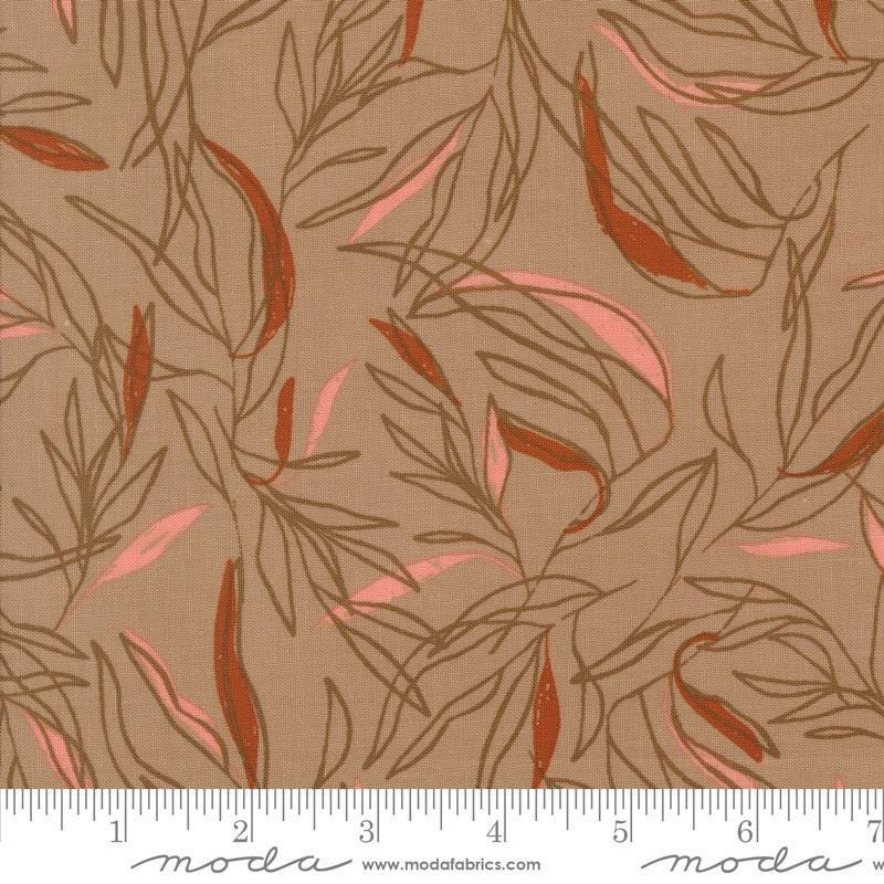 Images of Foraged Found Leaf Mushroom quilting cotton fabric by Fancy That Design House for Moda Fabrics. Features leaves on a brown background. Cute Little Fabric Shop