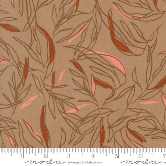 Images of Foraged Found Leaf Mushroom quilting cotton fabric by Fancy That Design House for Moda Fabrics. Features leaves on a brown background. Cute Little Fabric Shop