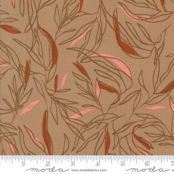 Images of Foraged Found Leaf Mushroom quilting cotton fabric by Fancy That Design House for Moda Fabrics. Features leaves on a brown background. Cute Little Fabric Shop