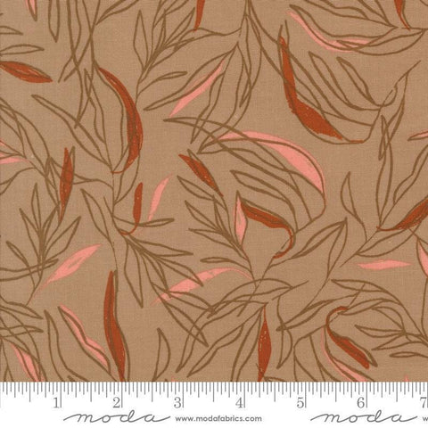 Images of Foraged Found Leaf Mushroom quilting cotton fabric by Fancy That Design House for Moda Fabrics. Features leaves on a brown background. Cute Little Fabric Shop