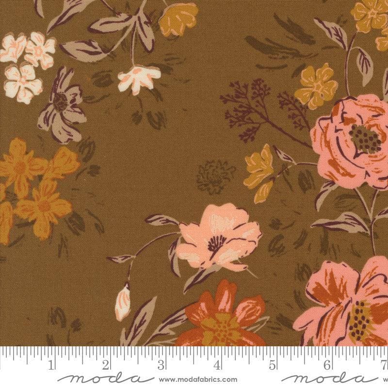 Images of Foraged Found Bloom Cocoa quilting cotton fabric by Fancy That Design House for Moda Fabrics. Features flowers on a brown background. Cute Little Fabric Shop