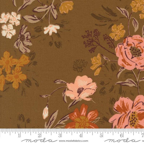 Images of Foraged Found Bloom Cocoa quilting cotton fabric by Fancy That Design House for Moda Fabrics. Features flowers on a brown background. Cute Little Fabric Shop