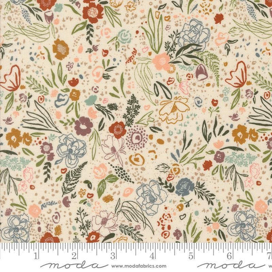 Images of Foraged Found Field Eggshell quilting cotton fabric by Fancy That Design House for Moda Fabrics. Features leaves on a cream background. Cute Little Fabric Shop