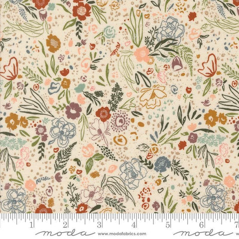 Images of Foraged Found Field Eggshell quilting cotton fabric by Fancy That Design House for Moda Fabrics. Features leaves on a cream background. Cute Little Fabric Shop