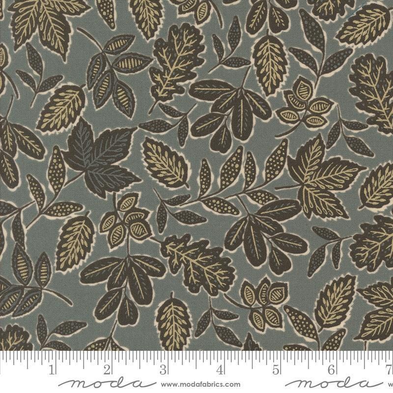 Images of Foraged Found Leafage Metal quilting cotton fabric by Fancy That Design House for Moda Fabrics. Features leaves on a gray background. Cute Little Fabric Shop