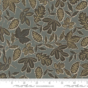 Images of Foraged Found Leafage Metal quilting cotton fabric by Fancy That Design House for Moda Fabrics. Features leaves on a gray background. Cute Little Fabric Shop