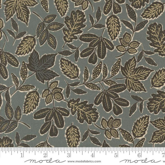 Images of Foraged Found Leafage Metal quilting cotton fabric by Fancy That Design House for Moda Fabrics. Features leaves on a gray background. Cute Little Fabric Shop