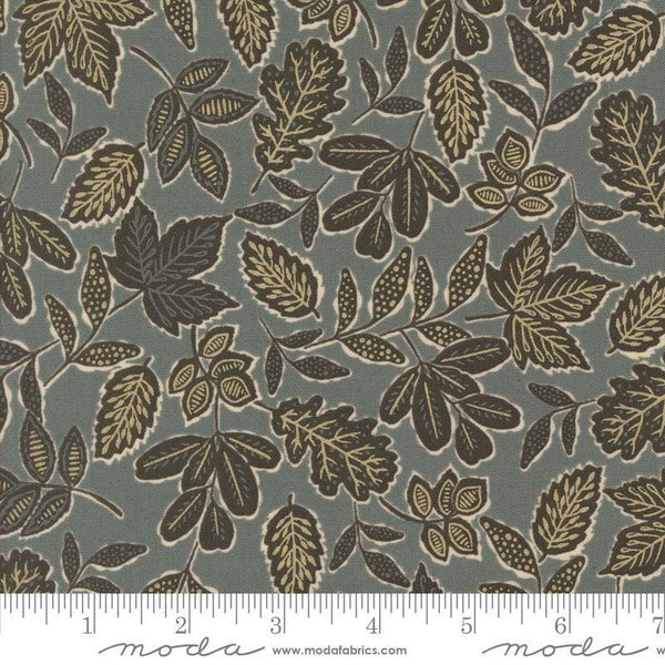 Images of Foraged Found Leafage Metal quilting cotton fabric by Fancy That Design House for Moda Fabrics. Features leaves on a gray background. Cute Little Fabric Shop