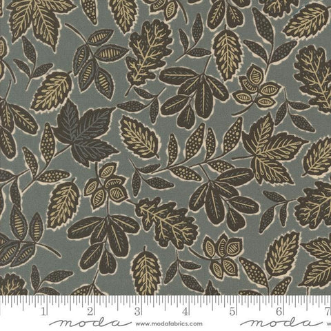 Images of Foraged Found Leafage Metal quilting cotton fabric by Fancy That Design House for Moda Fabrics. Features leaves on a gray background. Cute Little Fabric Shop