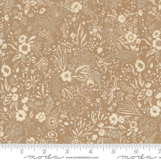 Images of Foraged Found Field Mushroom quilting cotton fabric by Fancy That Design House for Moda Fabrics. Features leaves on a brown background. Cute Little Fabric Shop