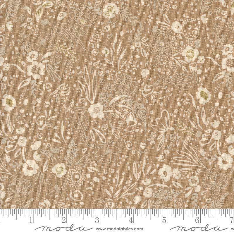 Images of Foraged Found Field Mushroom quilting cotton fabric by Fancy That Design House for Moda Fabrics. Features leaves on a brown background. Cute Little Fabric Shop