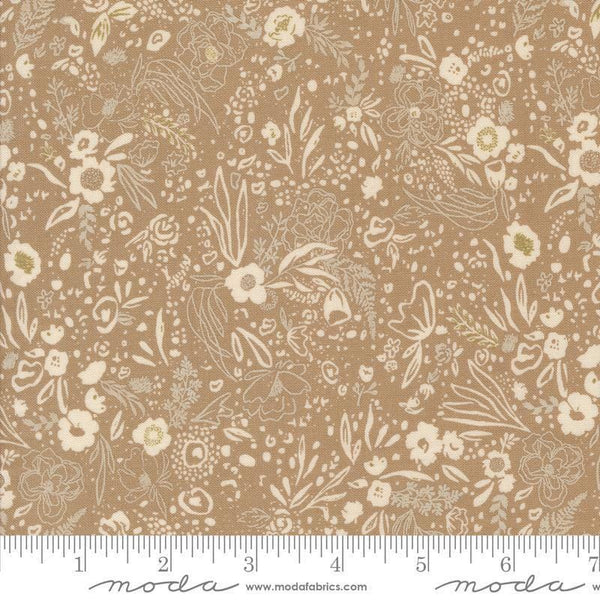 Images of Foraged Found Field Mushroom quilting cotton fabric by Fancy That Design House for Moda Fabrics. Features leaves on a brown background. Cute Little Fabric Shop