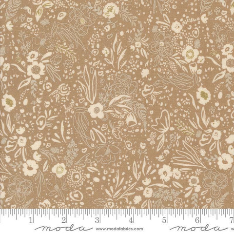 Images of Foraged Found Field Mushroom quilting cotton fabric by Fancy That Design House for Moda Fabrics. Features leaves on a brown background. Cute Little Fabric Shop