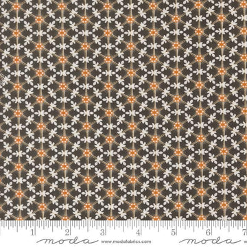 Image of the Agatha Road Wreaths Midnight quilting cotton fabric by Moda Fabrics. Features flowers on a brown background. Cute Little Fabric Shop