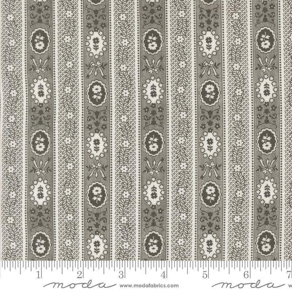 Image of the Agatha Road Wallpaper Midnight quilting cotton fabric by Moda Fabrics. Features flowers on a black background. Cute Little Fabric Shop