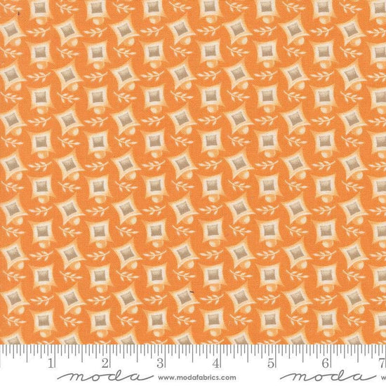 Image of the Agatha Road Harlequin Pumpkin quilting cotton fabric by Moda Fabrics. Features geometric on an orange background. Cute Little Fabric Shop