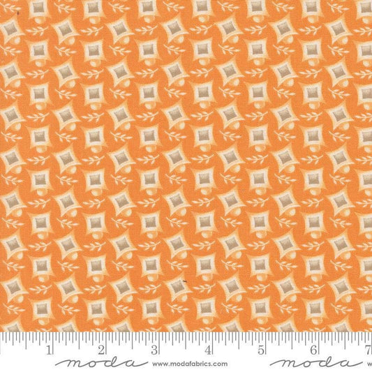 Image of the Agatha Road Harlequin Pumpkin quilting cotton fabric by Moda Fabrics. Features geometric on an orange background. Cute Little Fabric Shop