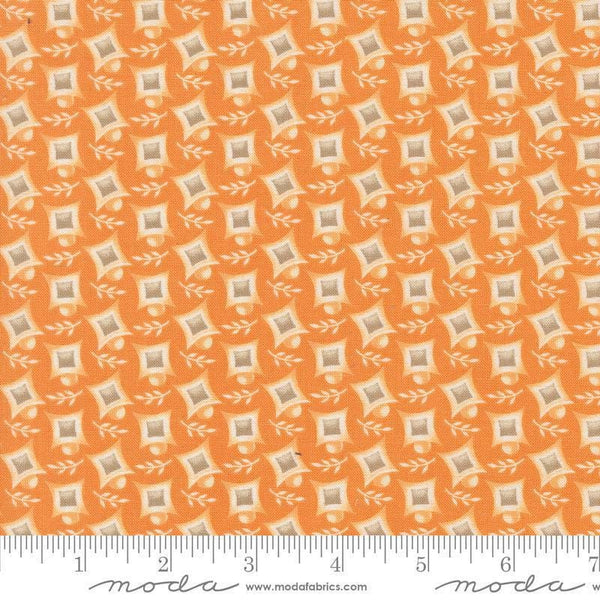 Image of the Agatha Road Harlequin Pumpkin quilting cotton fabric by Moda Fabrics. Features geometric on an orange background. Cute Little Fabric Shop