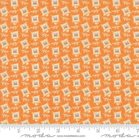 Image of the Agatha Road Harlequin Pumpkin quilting cotton fabric by Moda Fabrics. Features geometric on an orange background. Cute Little Fabric Shop
