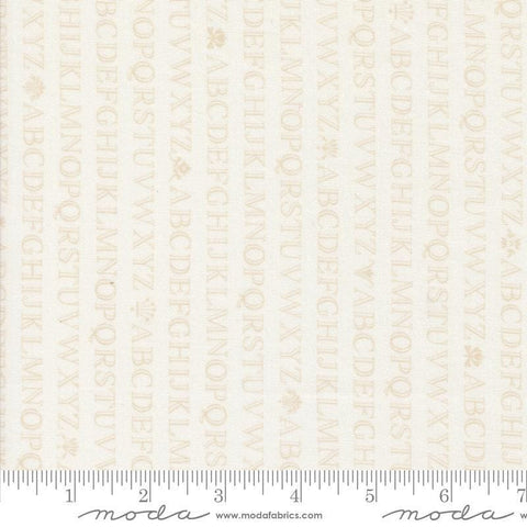 Image of the Agatha Road Alphabet Ghost quilting cotton fabric by Moda Fabrics. Features letters on a white background. Cute Little Fabric Shop