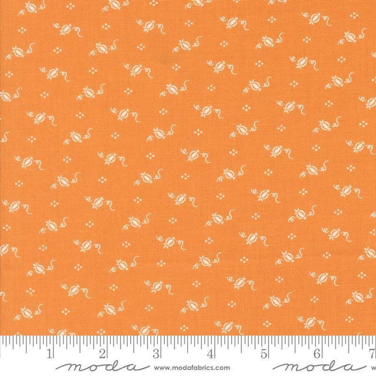Image of the Agatha Road Pumpkins Pumpkin quilting cotton fabric by Moda Fabrics. Features geometric on an orange background. Cute Little Fabric Shop