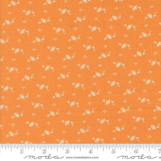 Image of the Agatha Road Pumpkins Pumpkin quilting cotton fabric by Moda Fabrics. Features geometric on an orange background. Cute Little Fabric Shop