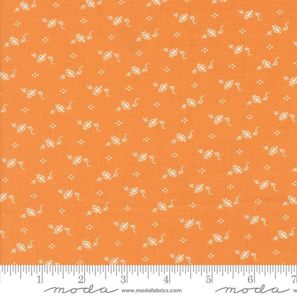 Image of the Agatha Road Pumpkins Pumpkin quilting cotton fabric by Moda Fabrics. Features geometric on an orange background. Cute Little Fabric Shop